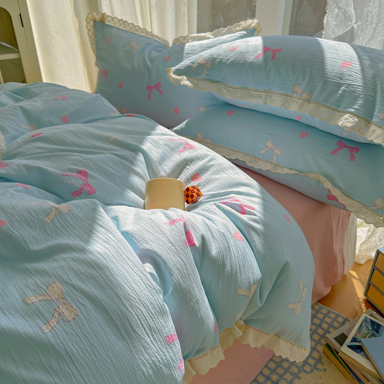 91家纺网 家纺一手货源 找家纺 颜选 2025新款全棉纯棉花边款四件套 全棉花边粉蝴蝶结