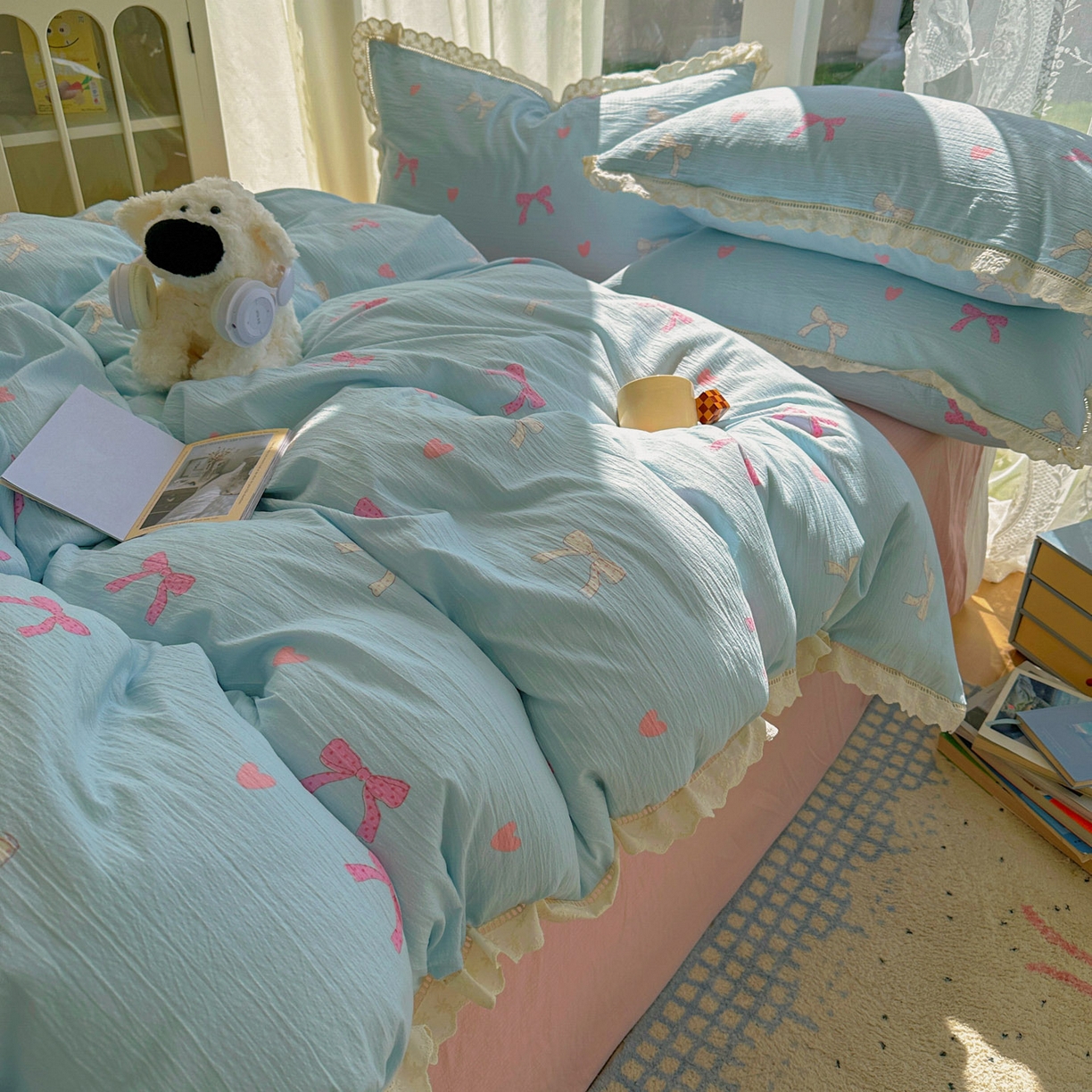 91家纺网 家纺一手货源 找家纺 颜选 2025新款全棉纯棉花边款四件套 全棉花边粉蝴蝶结