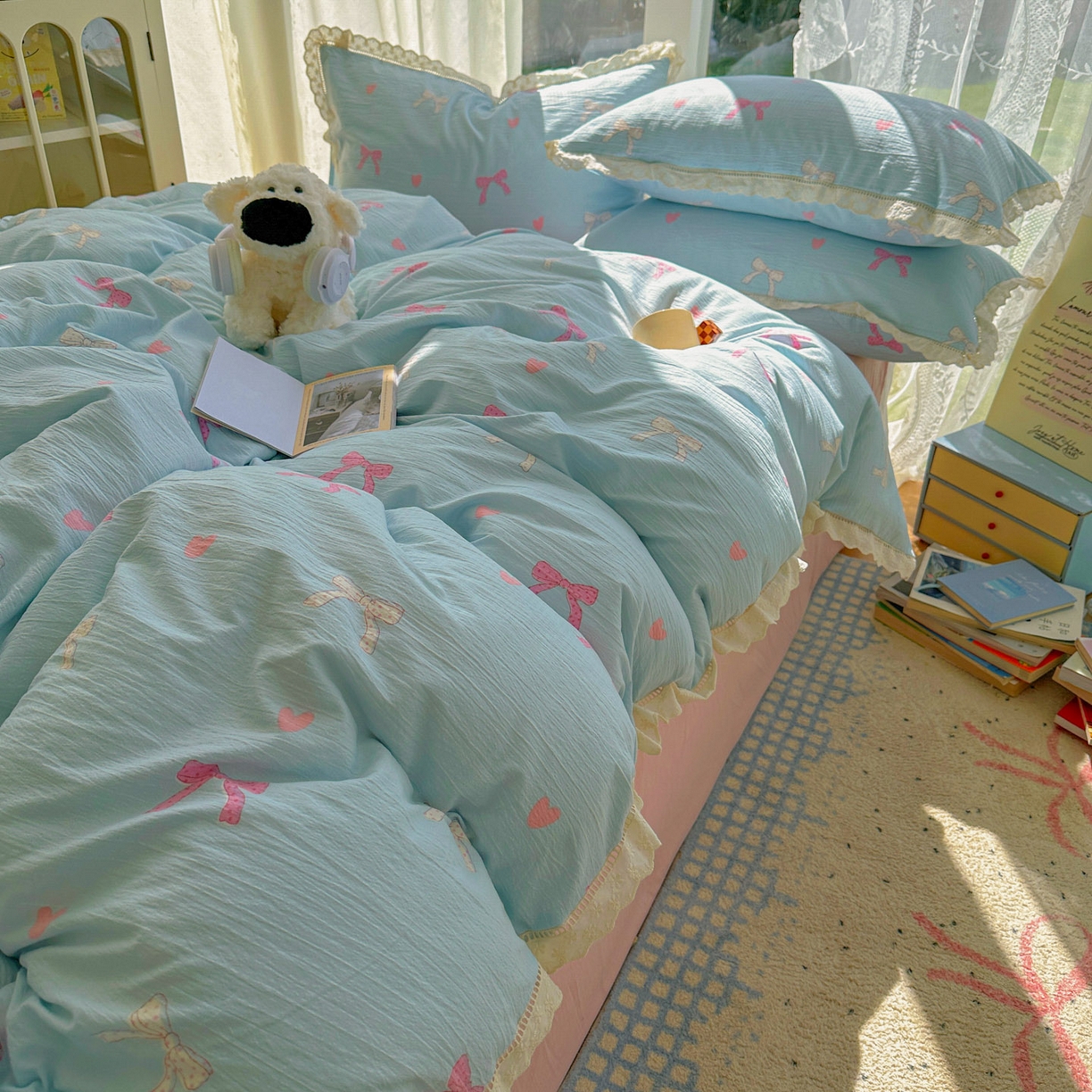 91家纺网 家纺一手货源 找家纺 颜选 2025新款全棉纯棉花边款四件套 全棉花边粉蝴蝶结