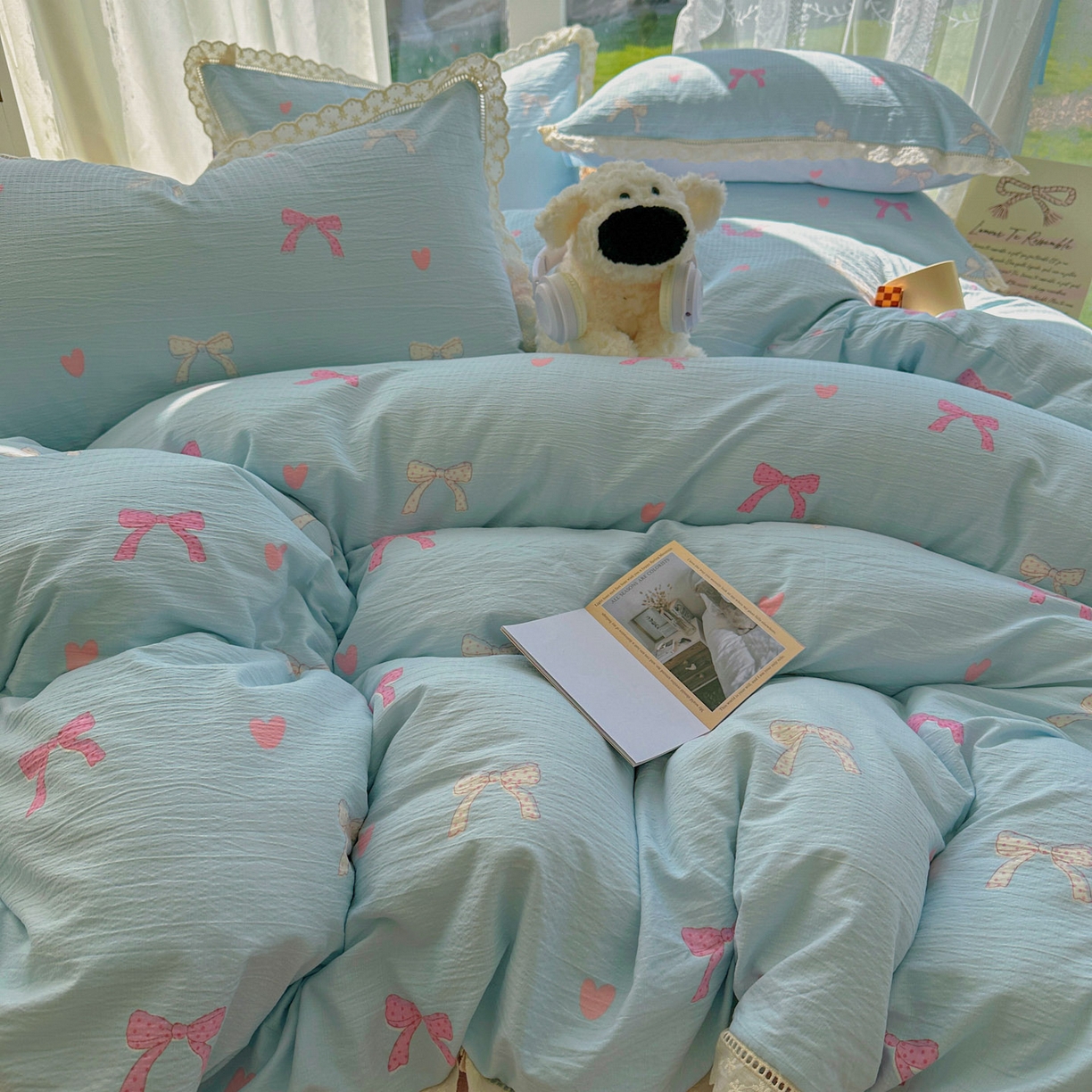 91家纺网 家纺一手货源 找家纺 颜选 2025新款全棉纯棉花边款四件套 全棉花边粉蝴蝶结