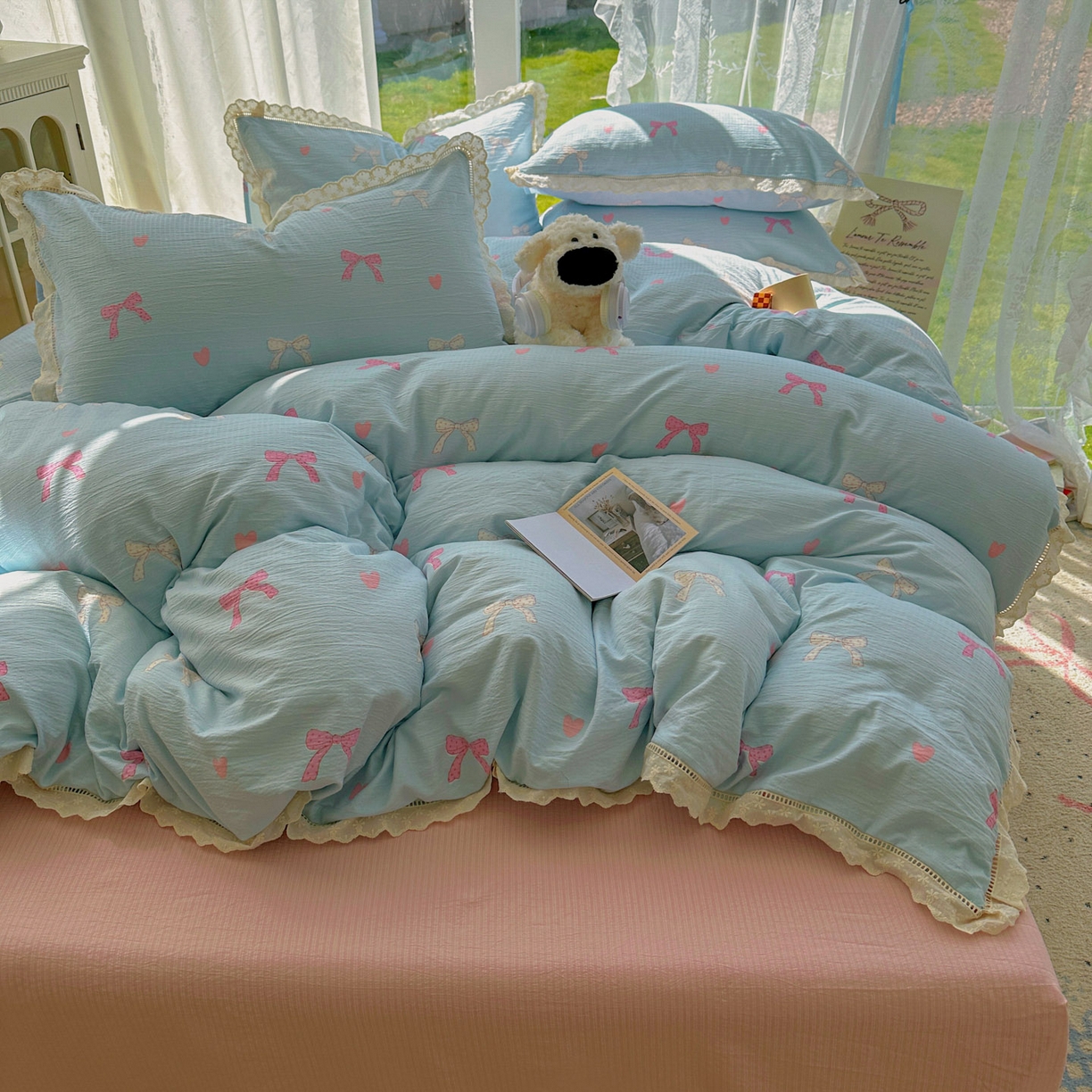 91家纺网 家纺一手货源 找家纺 颜选 2025新款全棉纯棉花边款四件套 全棉花边粉蝴蝶结