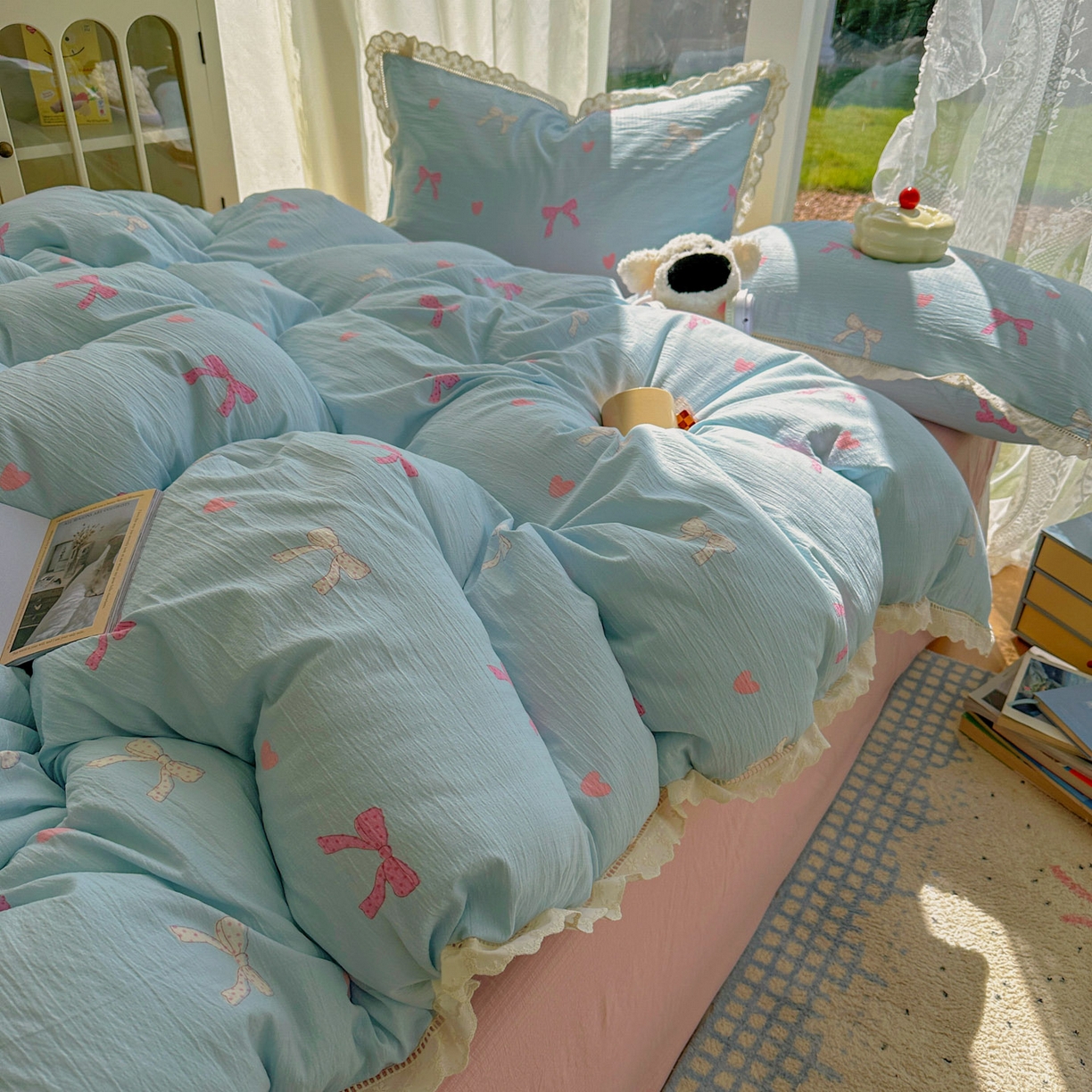 91家纺网 家纺一手货源 找家纺 颜选 2025新款全棉纯棉花边款四件套 全棉花边粉蝴蝶结