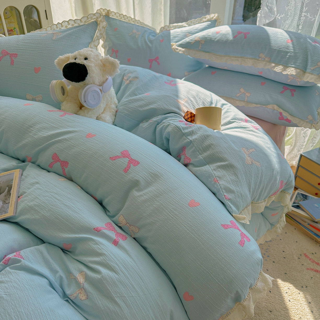 91家纺网 家纺一手货源 找家纺 颜选 2025新款全棉纯棉花边款四件套 全棉花边粉蝴蝶结