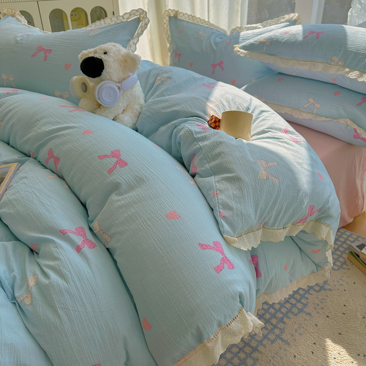 91家纺网 家纺一手货源 找家纺 颜选 2025新款全棉纯棉花边款四件套 全棉花边粉蝴蝶结