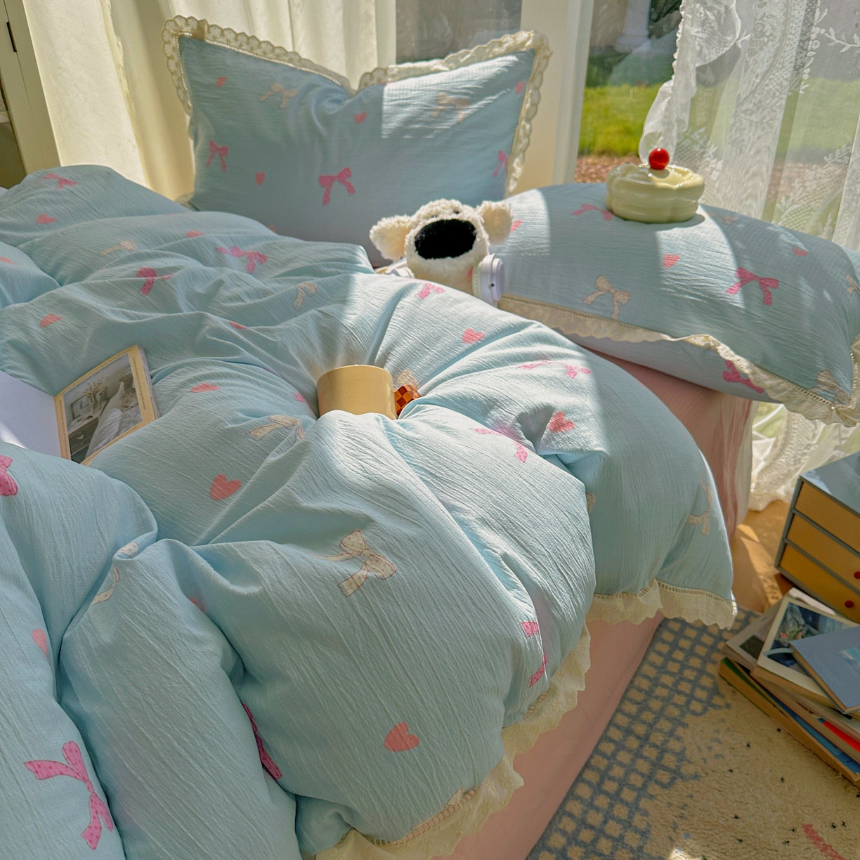 91家纺网 家纺一手货源 找家纺 颜选 2025新款全棉纯棉花边款四件套 全棉花边粉蝴蝶结