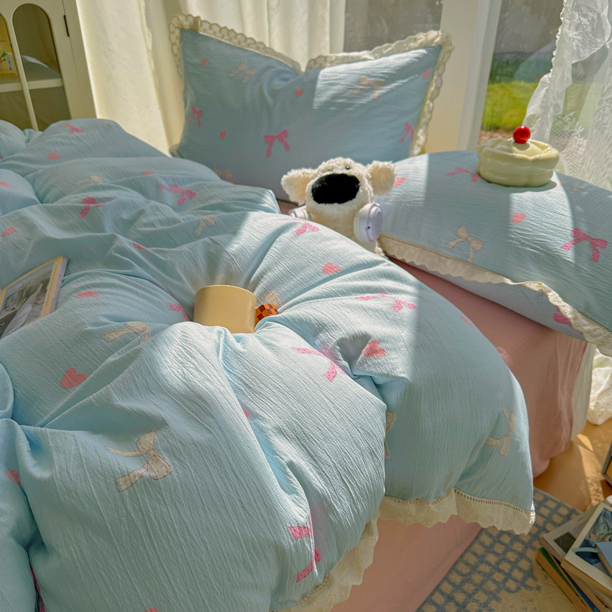 91家纺网 家纺一手货源 找家纺 颜选 2025新款全棉纯棉花边款四件套 全棉花边粉蝴蝶结