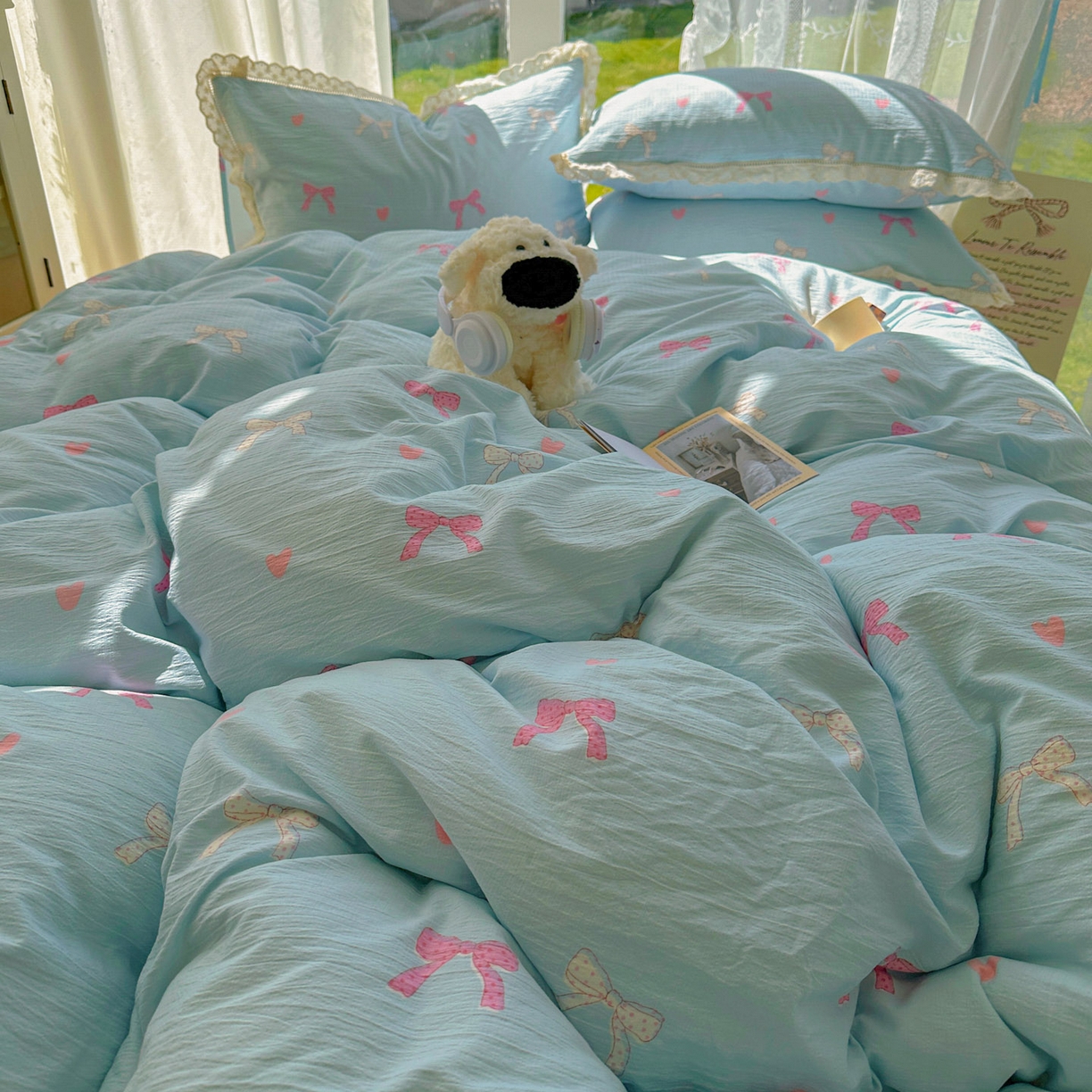 91家纺网 家纺一手货源 找家纺 颜选 2025新款全棉纯棉花边款四件套 全棉花边粉蝴蝶结