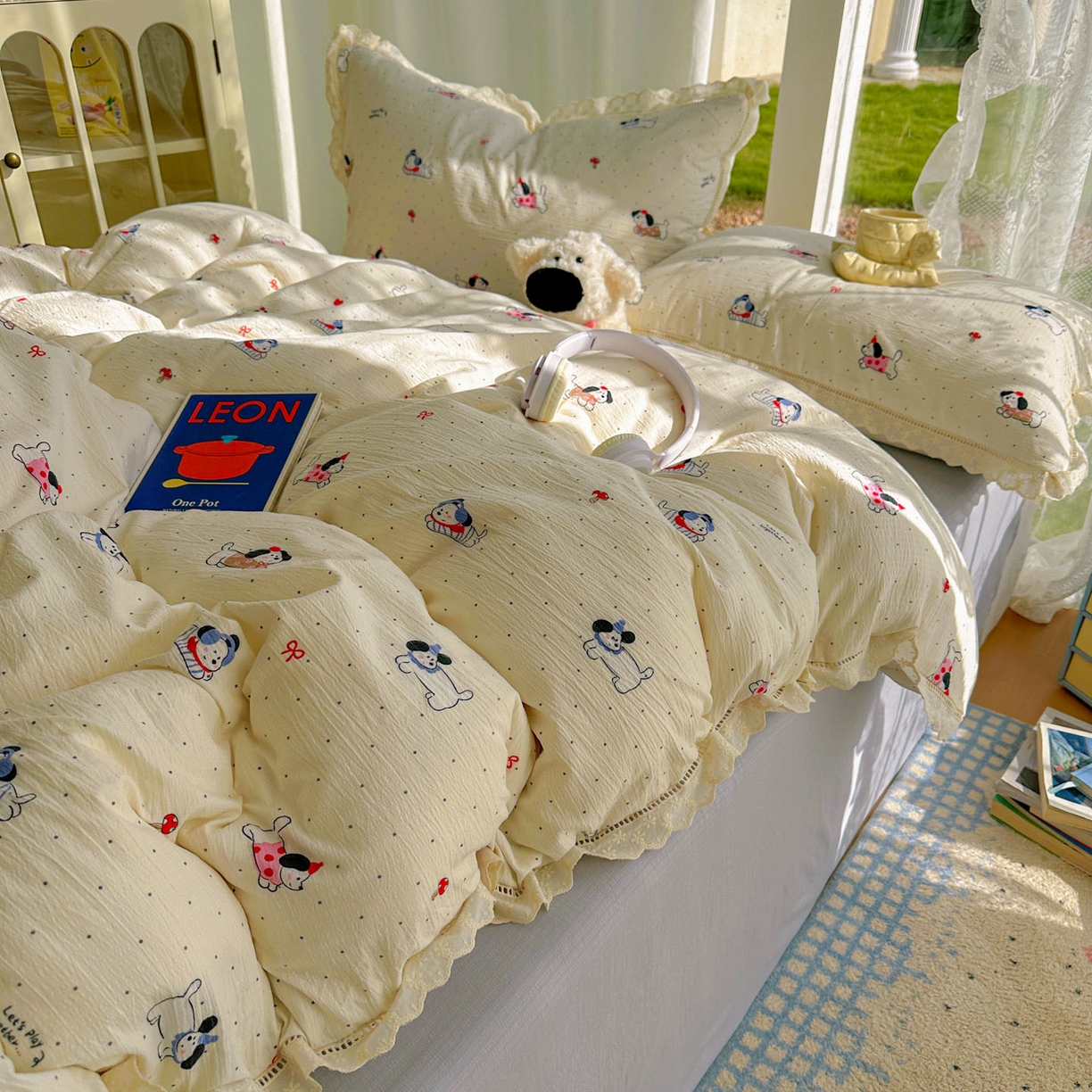 91家纺网 家纺一手货源 找家纺 颜选 2025新款全棉纯棉花边款四件套 全棉花边狗狗派对