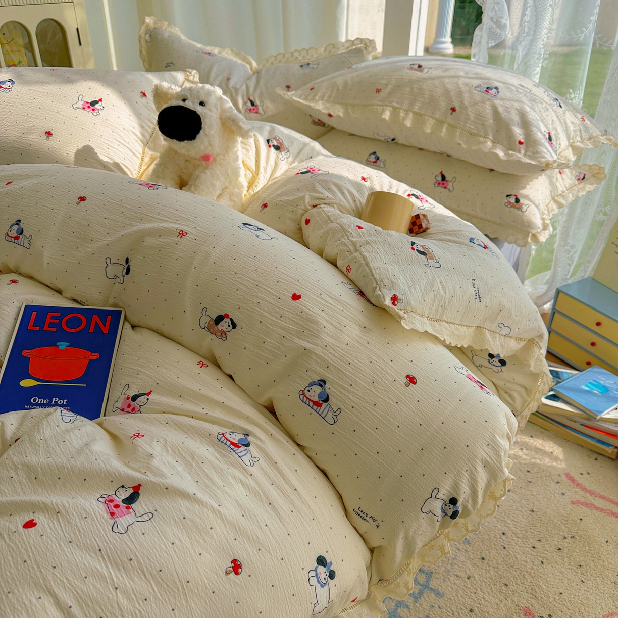 91家纺网 家纺一手货源 找家纺 颜选 2025新款全棉纯棉花边款四件套 全棉花边狗狗派对