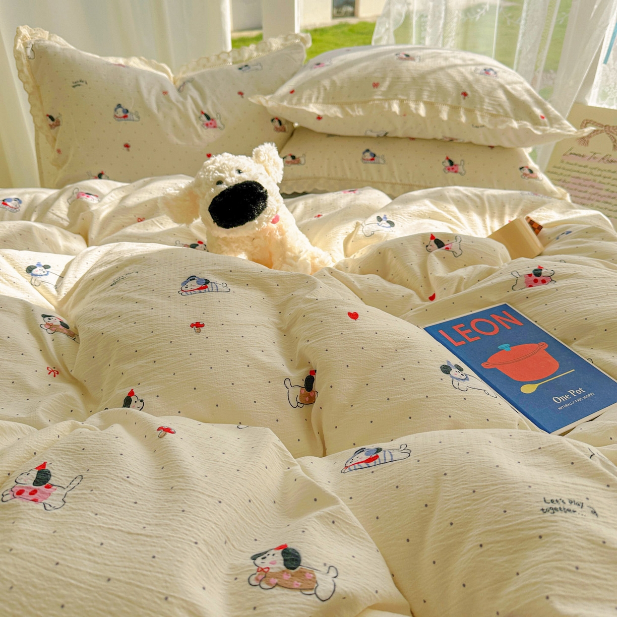 91家纺网 家纺一手货源 找家纺 颜选 2025新款全棉纯棉花边款四件套 全棉花边狗狗派对