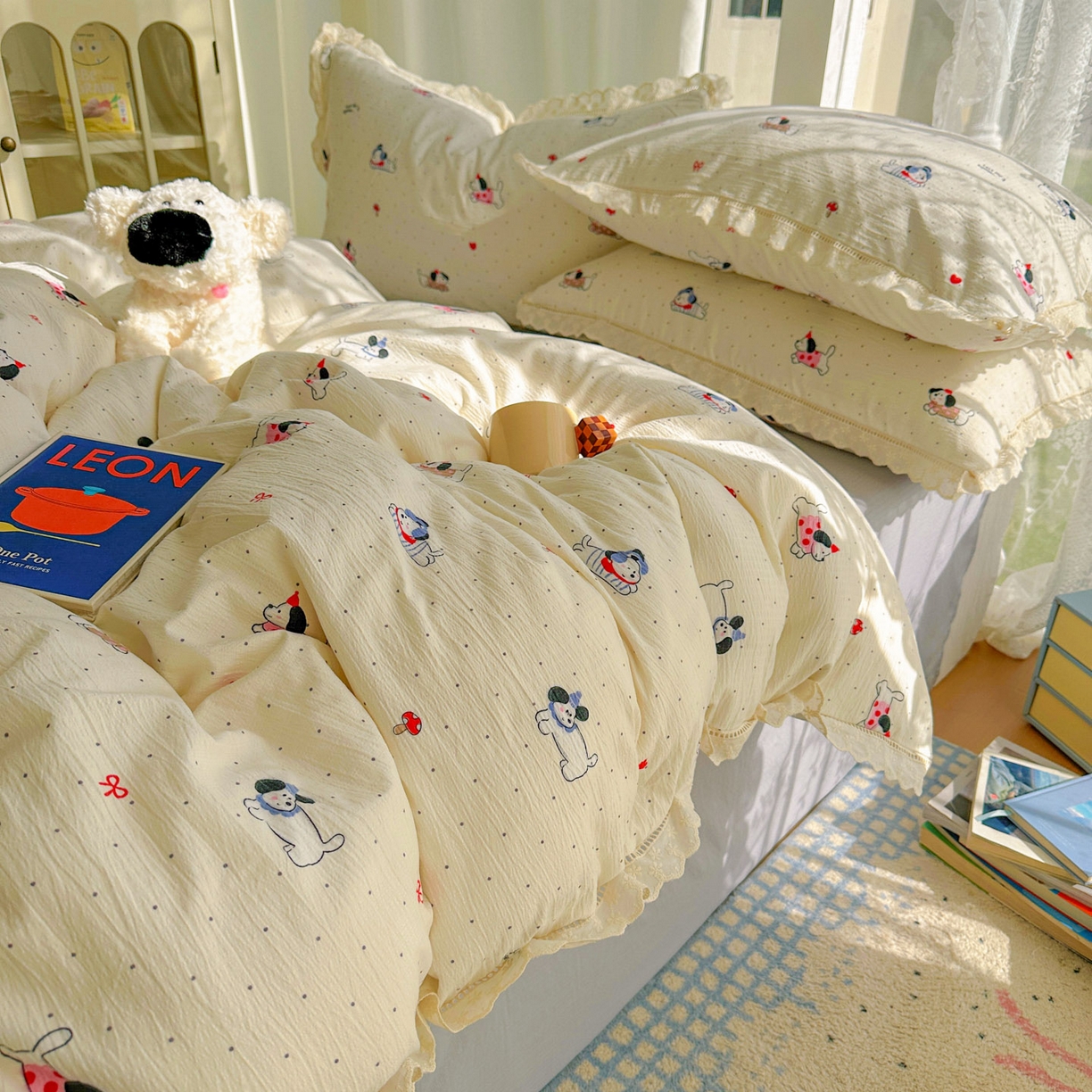 91家纺网 家纺一手货源 找家纺 颜选 2025新款全棉纯棉花边款四件套 全棉花边狗狗派对