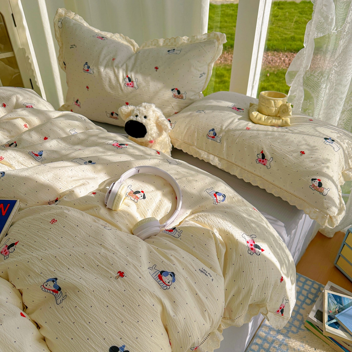 91家纺网 家纺一手货源 找家纺 颜选 2025新款全棉纯棉花边款四件套 全棉花边狗狗派对