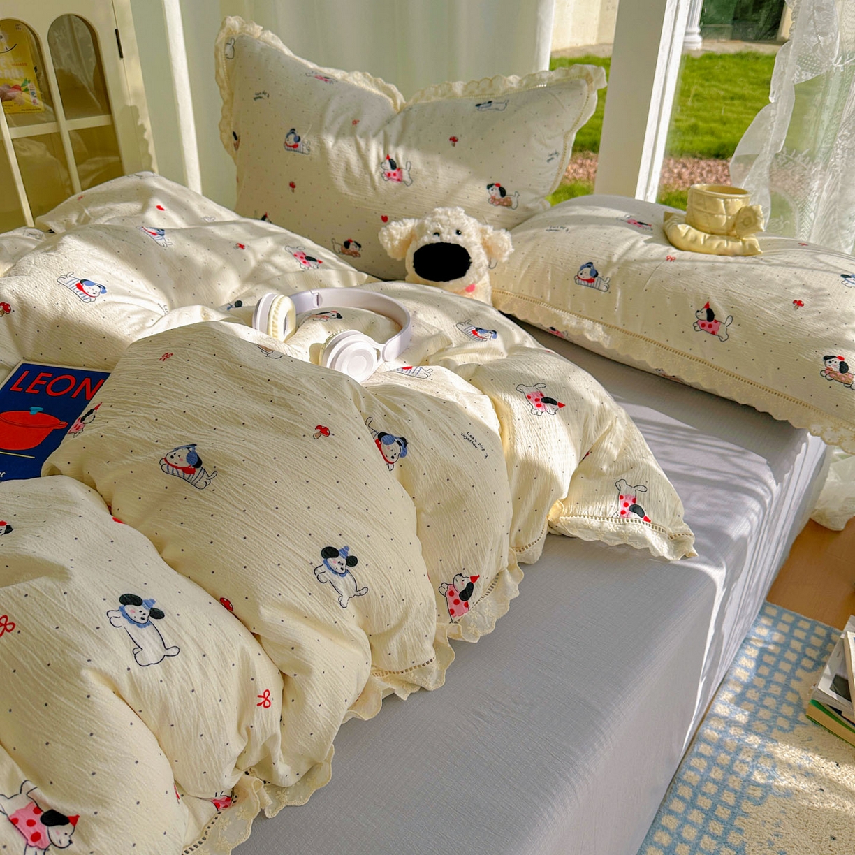 91家纺网 家纺一手货源 找家纺 颜选 2025新款全棉纯棉花边款四件套 全棉花边狗狗派对