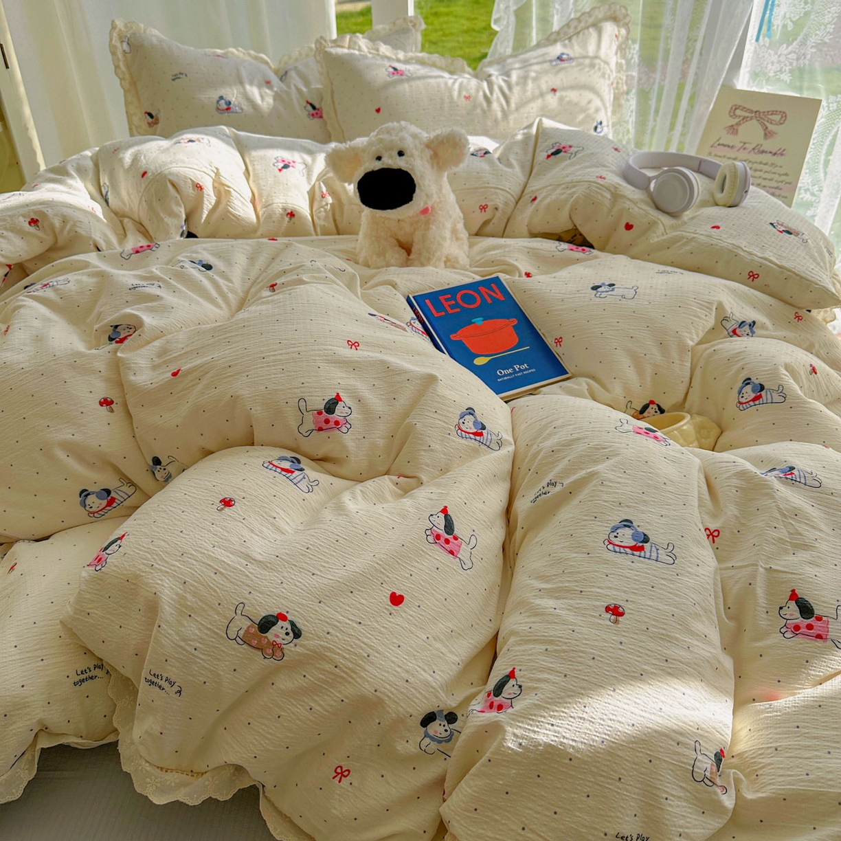 91家纺网 家纺一手货源 找家纺 颜选 2025新款全棉纯棉花边款四件套 全棉花边狗狗派对