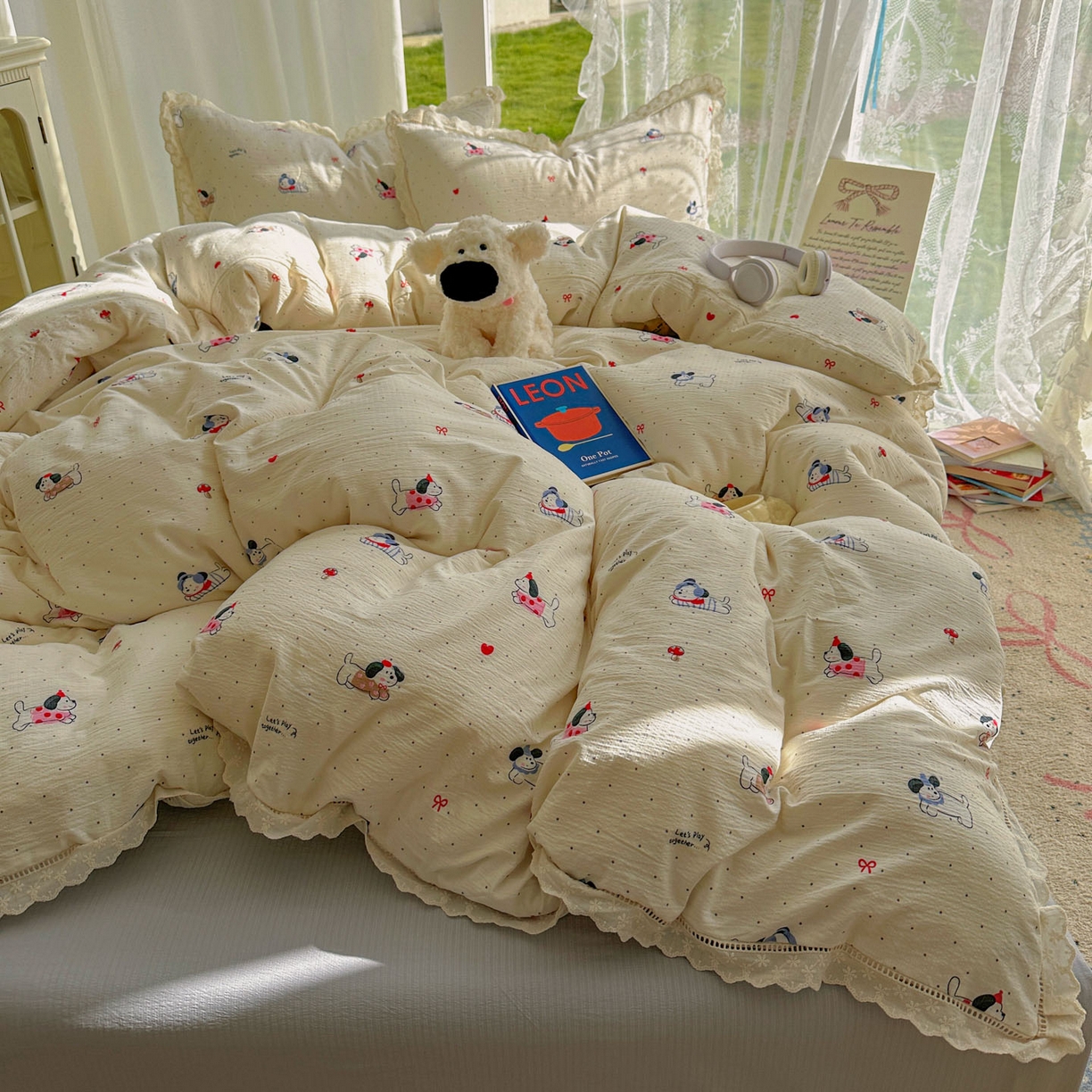 91家纺网 家纺一手货源 找家纺 颜选 2025新款全棉纯棉花边款四件套 全棉花边狗狗派对