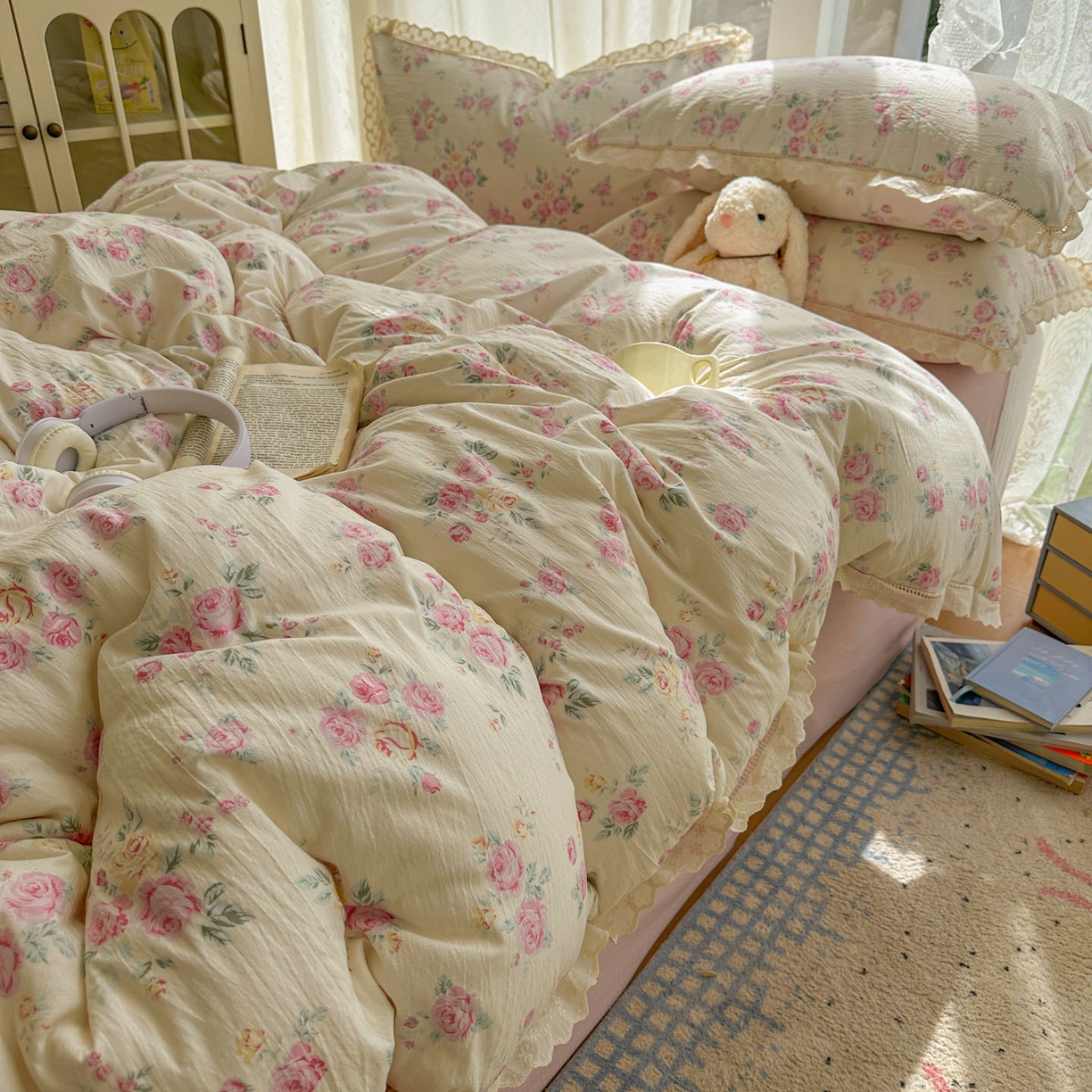 91家纺网 家纺一手货源 找家纺 颜选 2025新款全棉纯棉花边款四件套 全棉花边花期