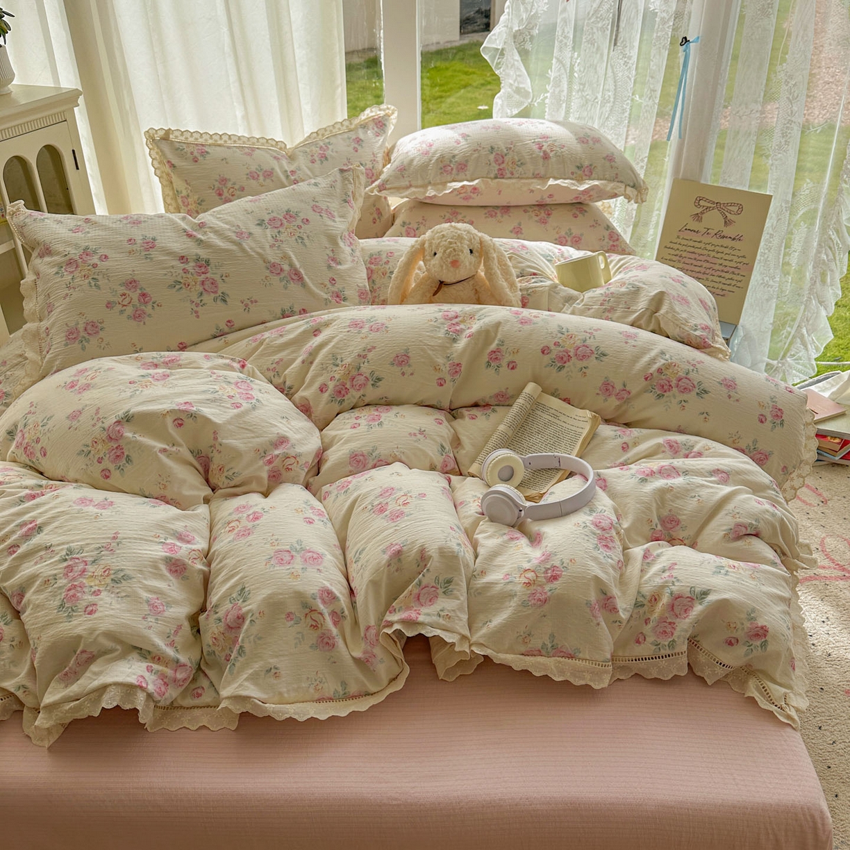 91家纺网 家纺一手货源 找家纺 颜选 2025新款全棉纯棉花边款四件套 全棉花边花期