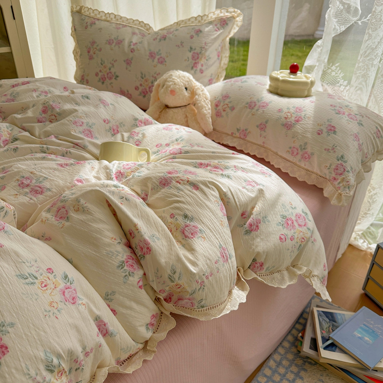 91家纺网 家纺一手货源 找家纺 颜选 2025新款全棉纯棉花边款四件套 全棉花边花期