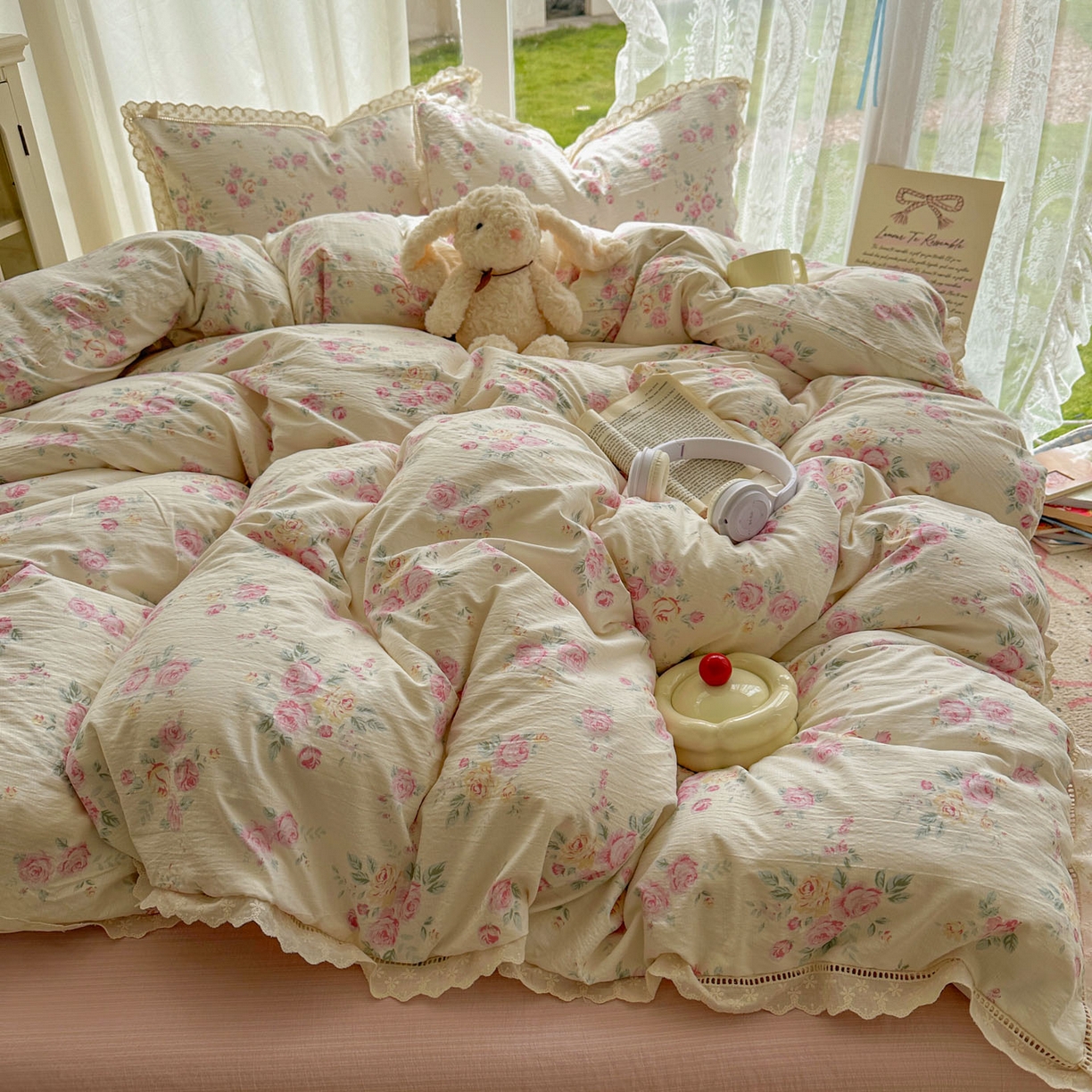 91家纺网 家纺一手货源 找家纺 颜选 2025新款全棉纯棉花边款四件套 全棉花边花期