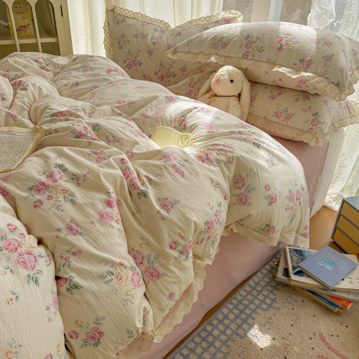 91家纺网 家纺一手货源 找家纺 颜选 2025新款全棉纯棉花边款四件套 全棉花边花期