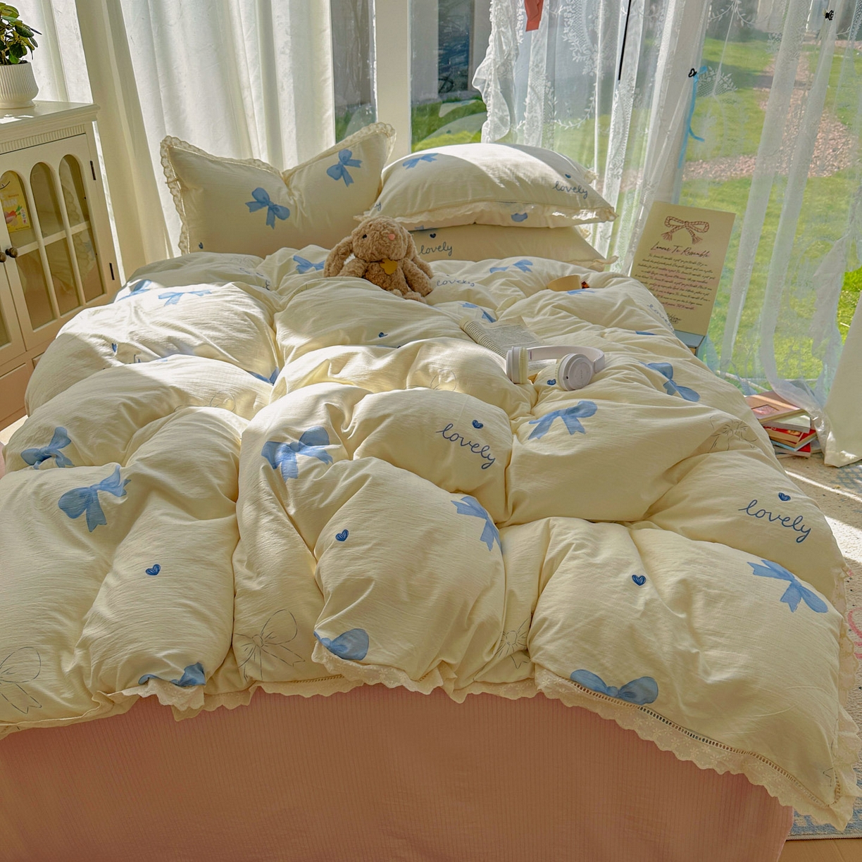 91家纺网 家纺一手货源 找家纺 颜选 2025新款全棉纯棉花边款四件套 全棉花边蓝蝴蝶结