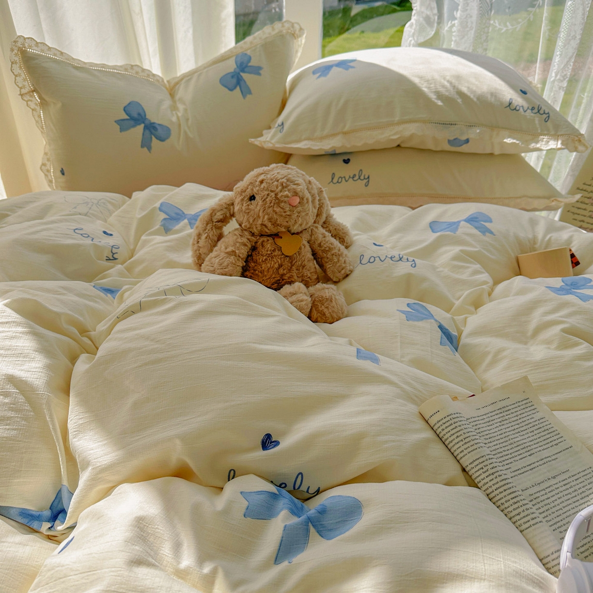 91家纺网 家纺一手货源 找家纺 颜选 2025新款全棉纯棉花边款四件套 全棉花边蓝蝴蝶结