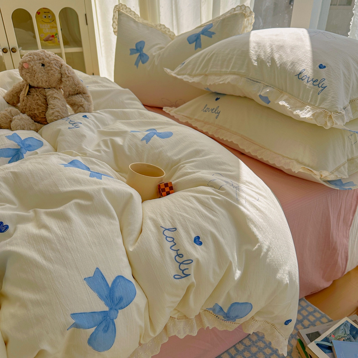 91家纺网 家纺一手货源 找家纺 颜选 2025新款全棉纯棉花边款四件套 全棉花边蓝蝴蝶结