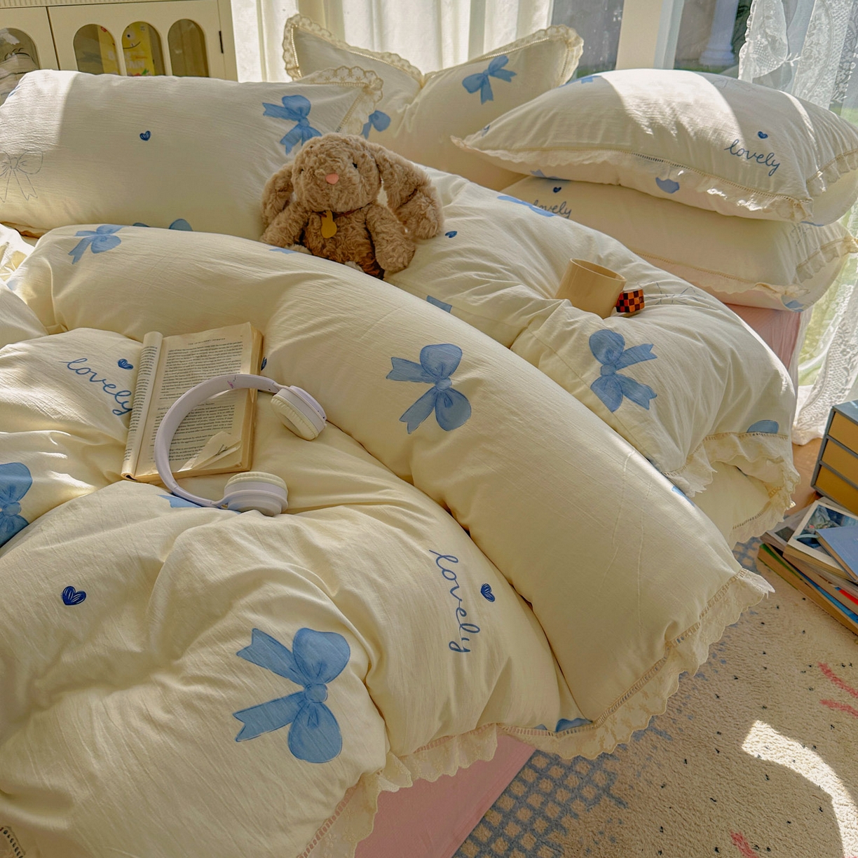 91家纺网 家纺一手货源 找家纺 颜选 2025新款全棉纯棉花边款四件套 全棉花边蓝蝴蝶结