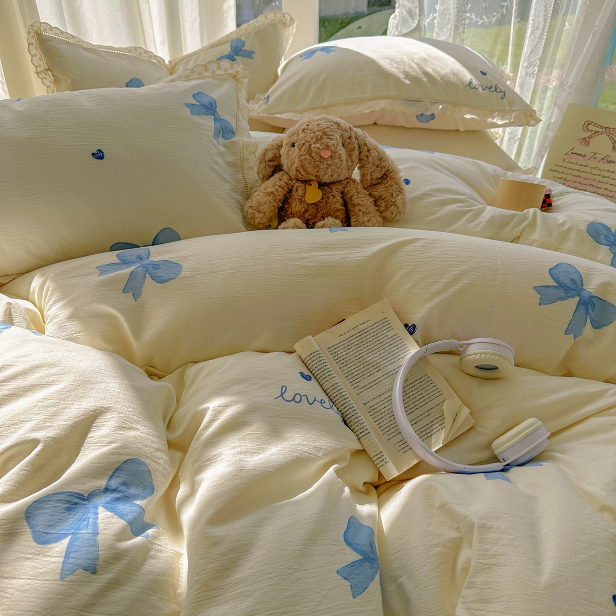 91家纺网 家纺一手货源 找家纺 颜选 2025新款全棉纯棉花边款四件套 全棉花边蓝蝴蝶结