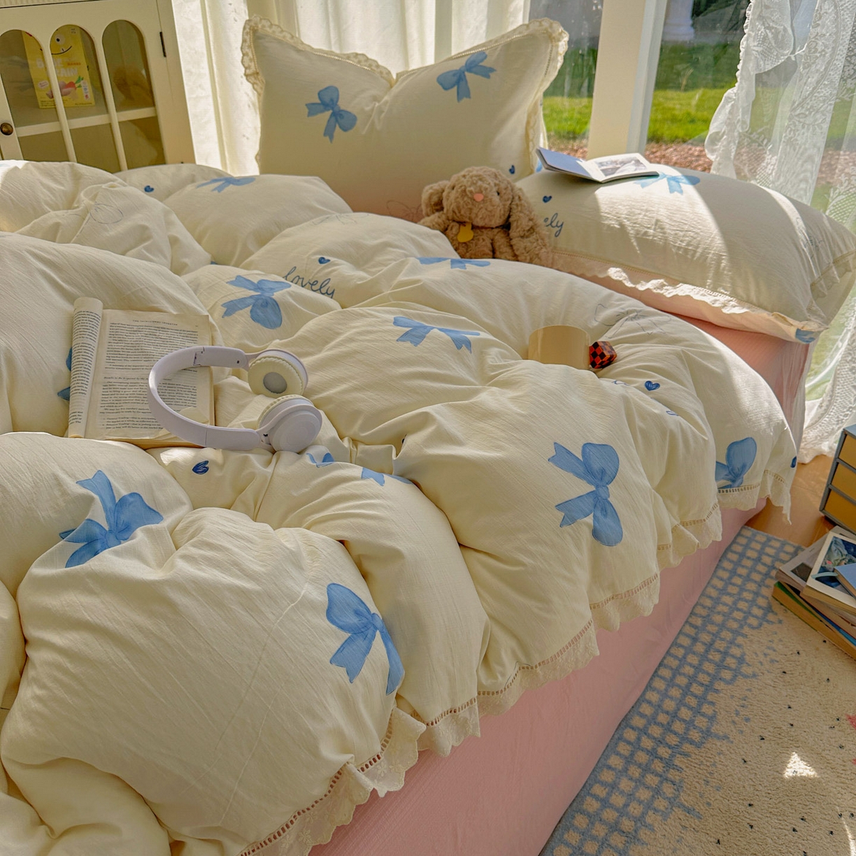 91家纺网 家纺一手货源 找家纺 颜选 2025新款全棉纯棉花边款四件套 全棉花边蓝蝴蝶结