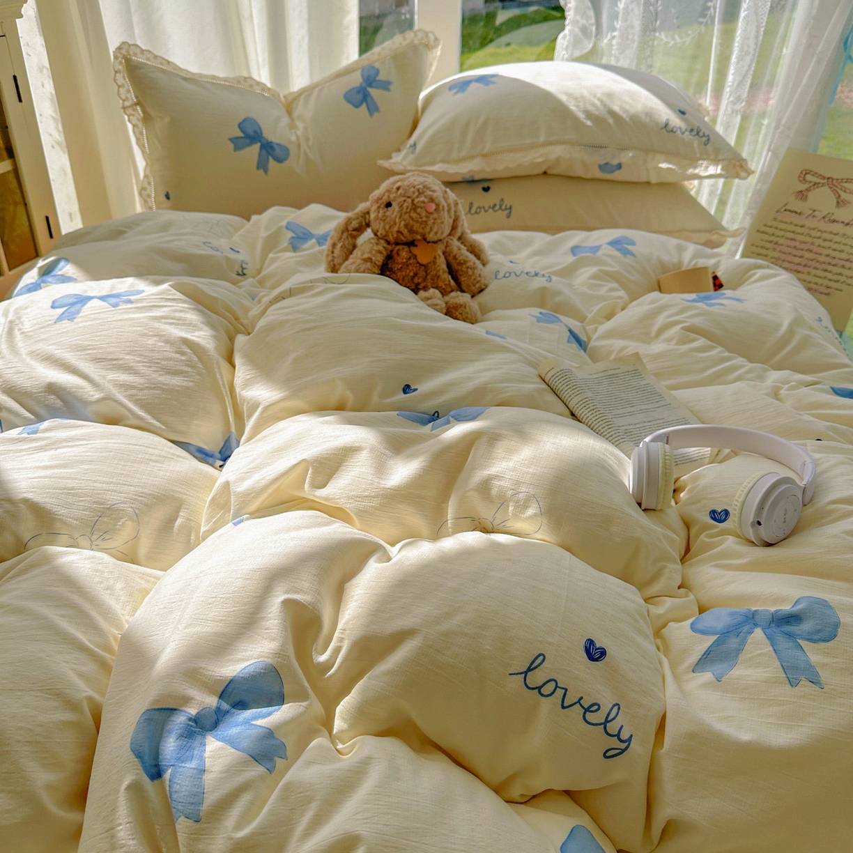 91家纺网 家纺一手货源 找家纺 颜选 2025新款全棉纯棉花边款四件套 全棉花边蓝蝴蝶结