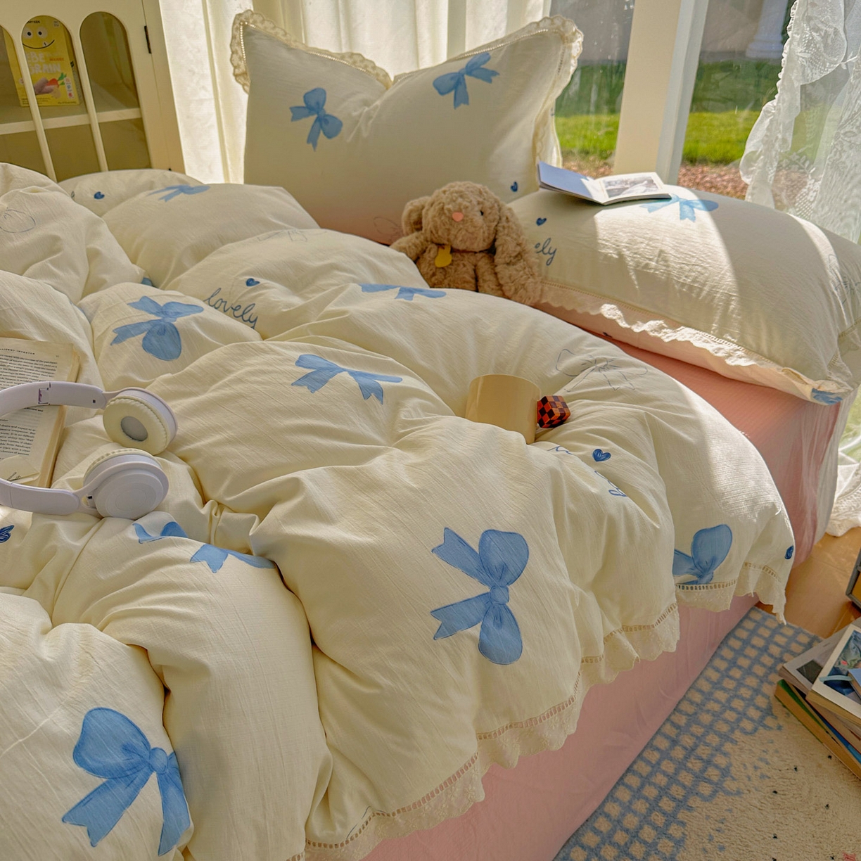 91家纺网 家纺一手货源 找家纺 颜选 2025新款全棉纯棉花边款四件套 全棉花边蓝蝴蝶结