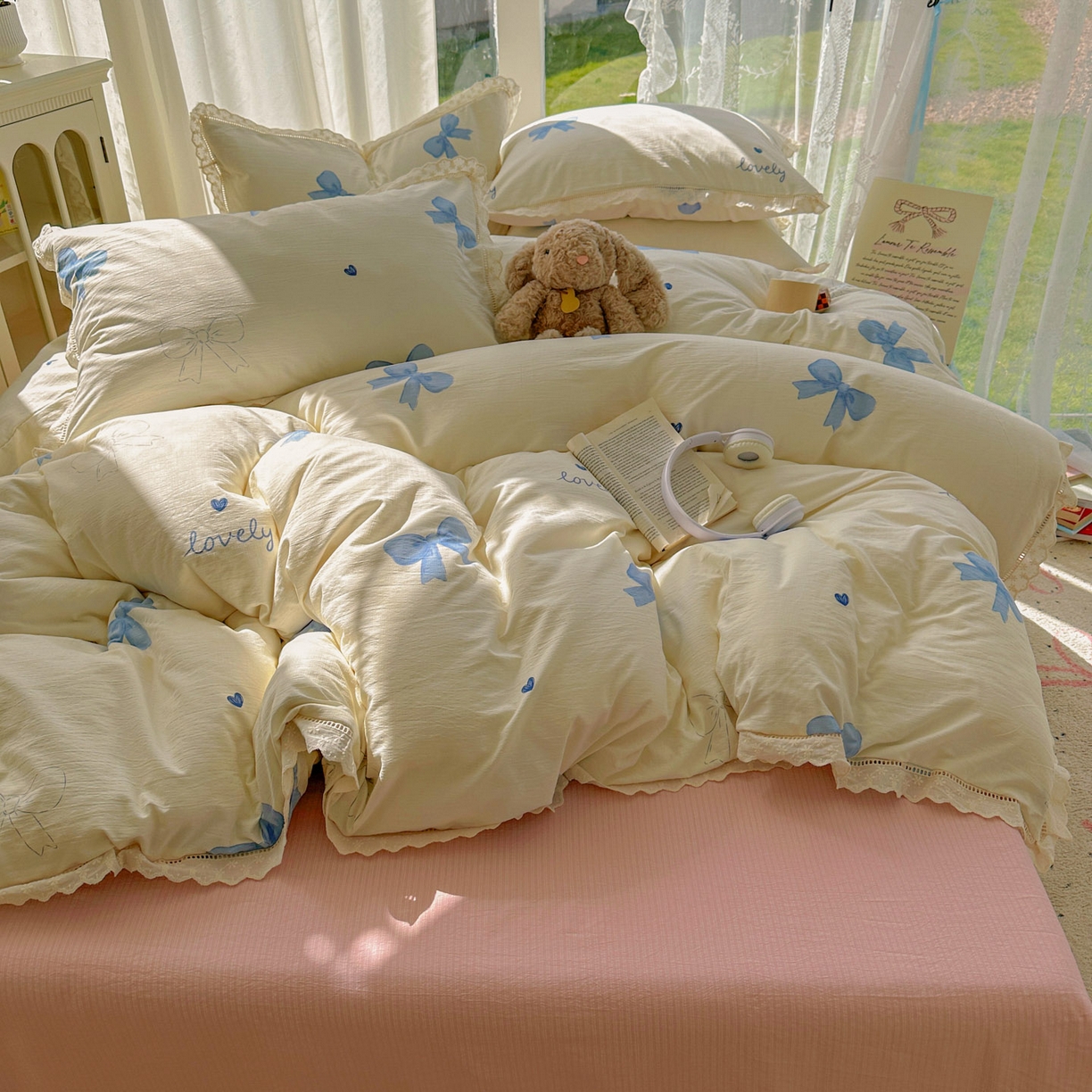 91家纺网 家纺一手货源 找家纺 颜选 2025新款全棉纯棉花边款四件套 全棉花边蓝蝴蝶结
