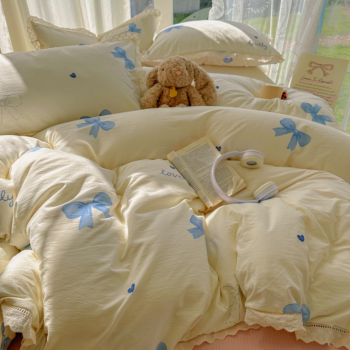 91家纺网 家纺一手货源 找家纺 颜选 2025新款全棉纯棉花边款四件套 全棉花边蓝蝴蝶结