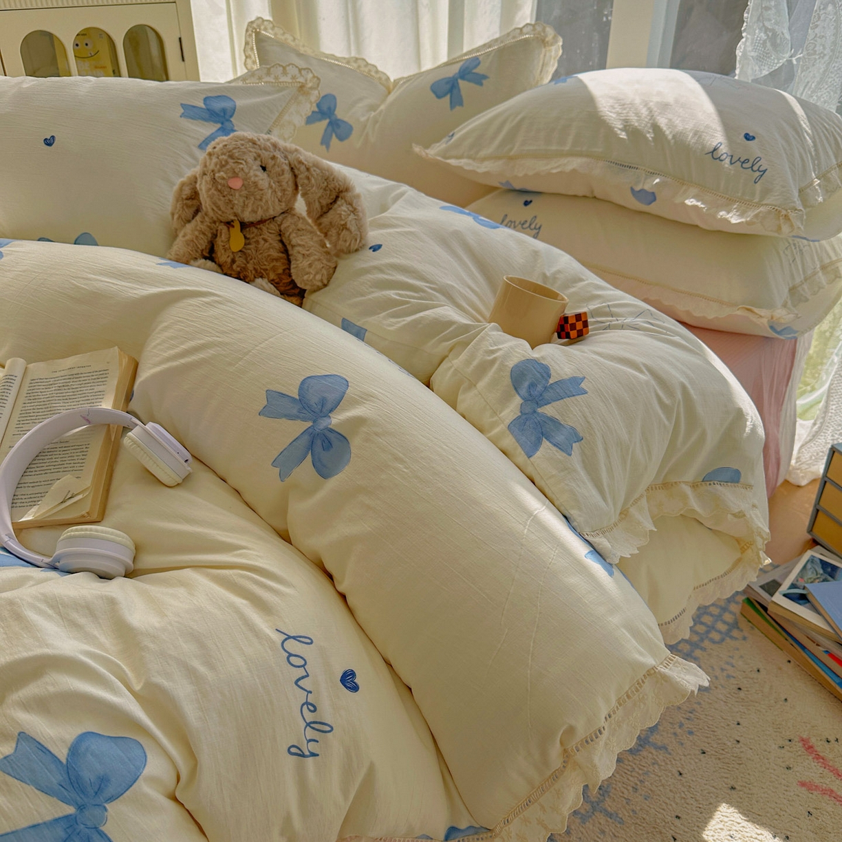 91家纺网 家纺一手货源 找家纺 颜选 2025新款全棉纯棉花边款四件套 全棉花边蓝蝴蝶结