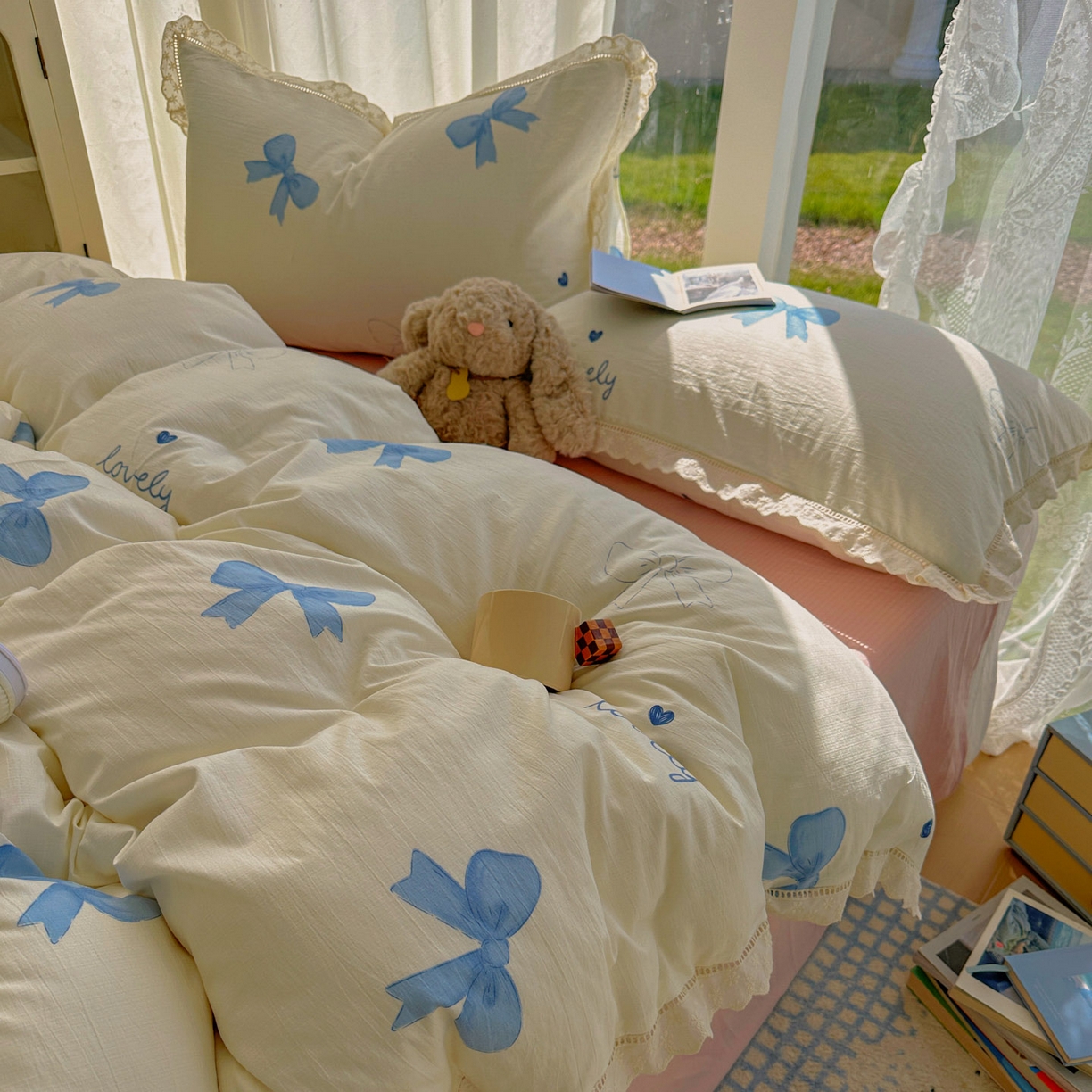 91家纺网 家纺一手货源 找家纺 颜选 2025新款全棉纯棉花边款四件套 全棉花边蓝蝴蝶结