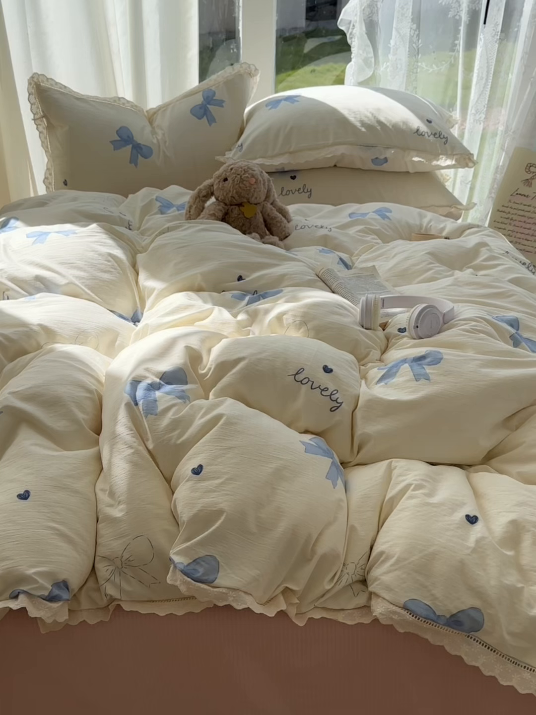 91家纺网 家纺一手货源 找家纺 颜选 2025新款全棉纯棉花边款四件套 全棉花边蓝蝴蝶结