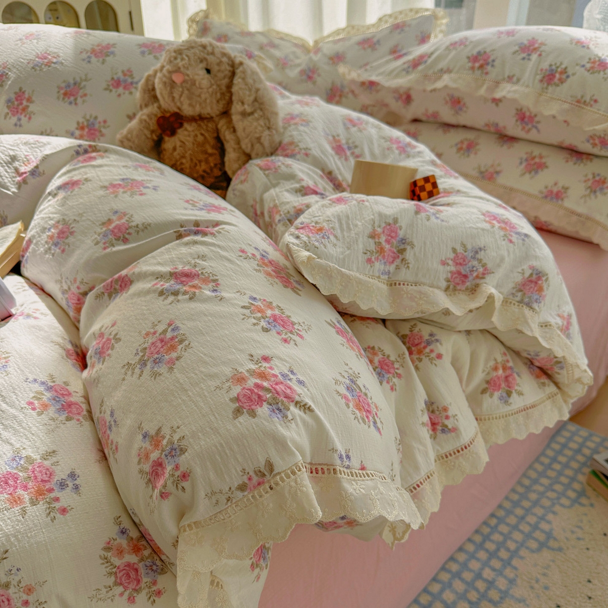 颜选 2025新款全棉纯棉花边款四件套 全棉花边蔓禾