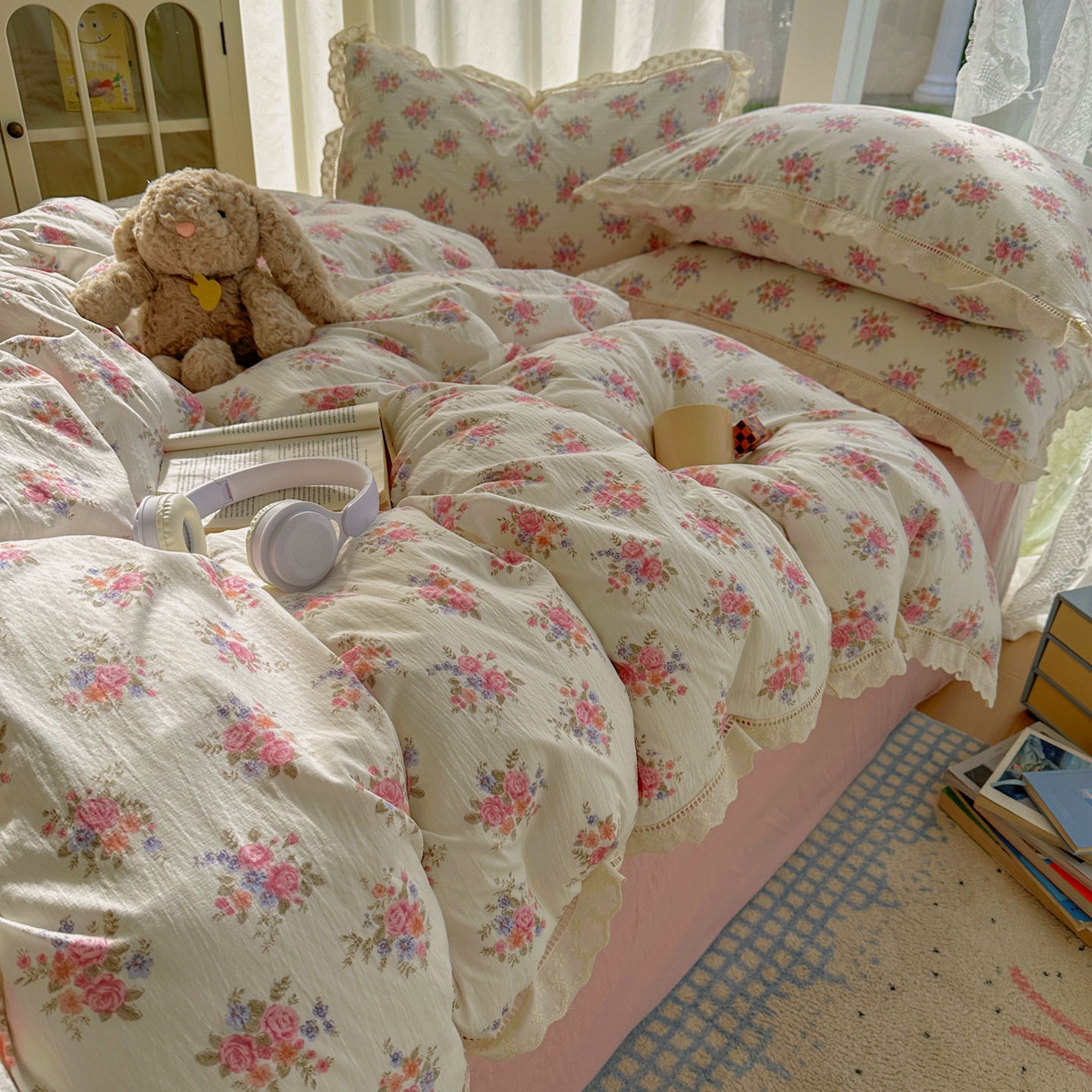 91家纺网 家纺一手货源 找家纺 颜选 2025新款全棉纯棉花边款四件套 全棉花边蔓禾