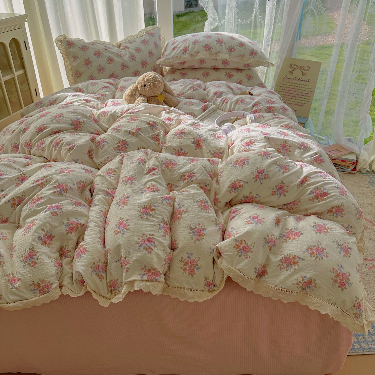 91家纺网 家纺一手货源 找家纺 颜选 2025新款全棉纯棉花边款四件套 全棉花边蔓禾