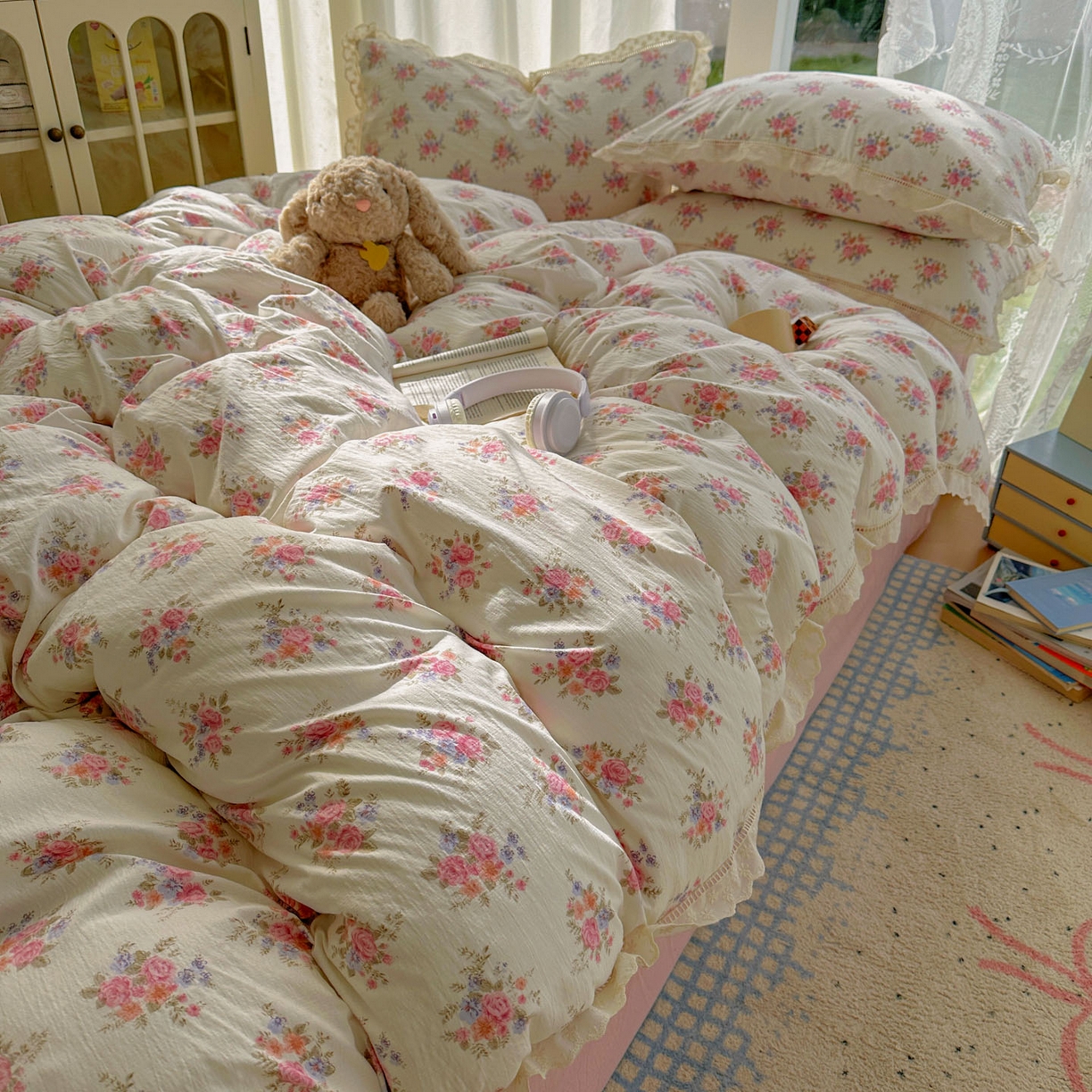 91家纺网 家纺一手货源 找家纺 颜选 2025新款全棉纯棉花边款四件套 全棉花边蔓禾