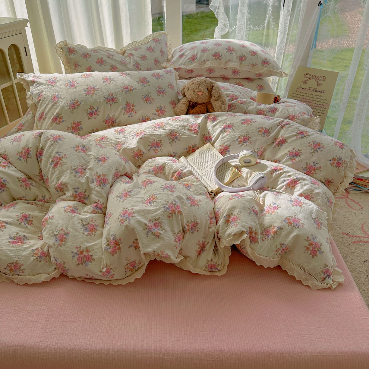 91家纺网 家纺一手货源 找家纺 颜选 2025新款全棉纯棉花边款四件套 全棉花边蔓禾