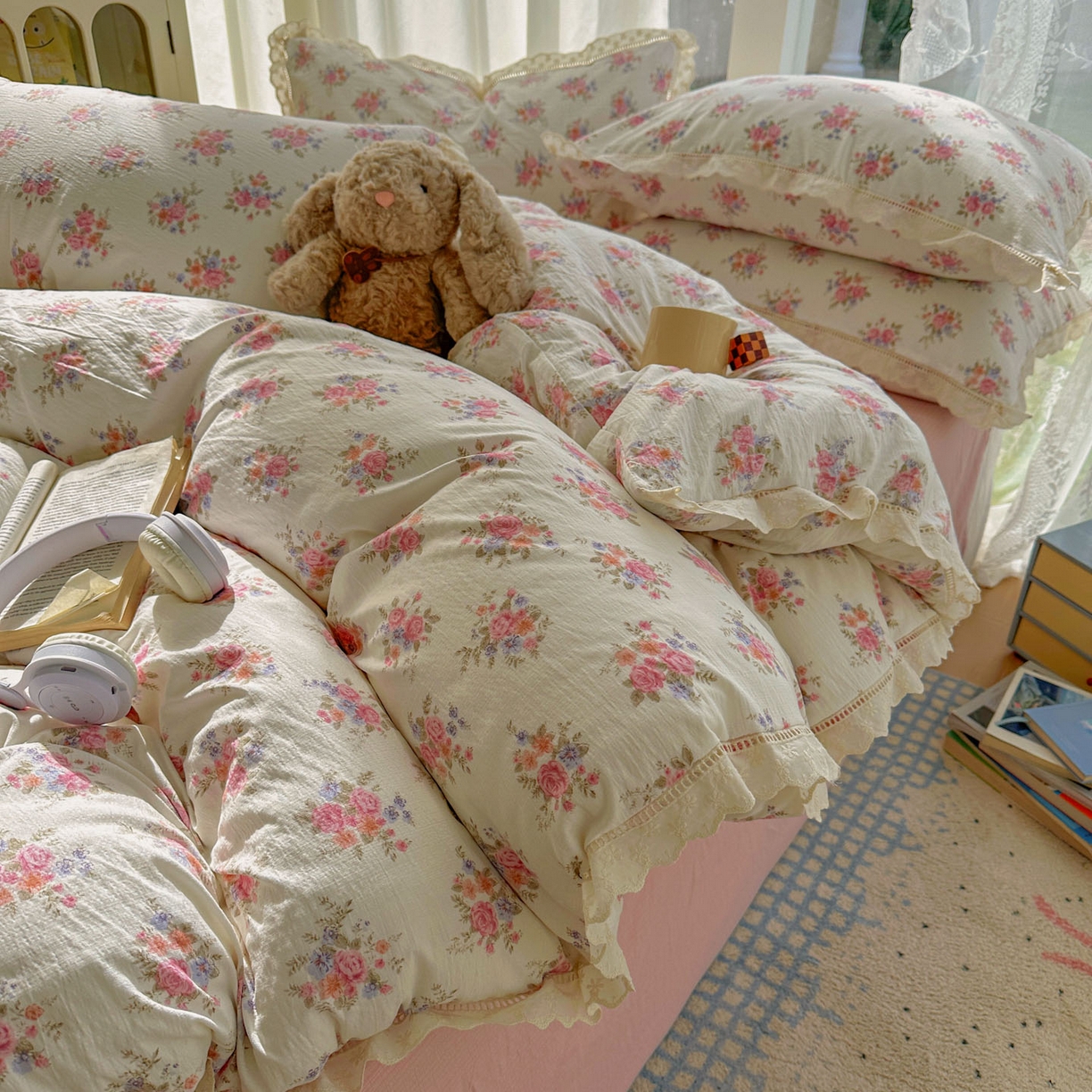 91家纺网 家纺一手货源 找家纺 颜选 2025新款全棉纯棉花边款四件套 全棉花边蔓禾