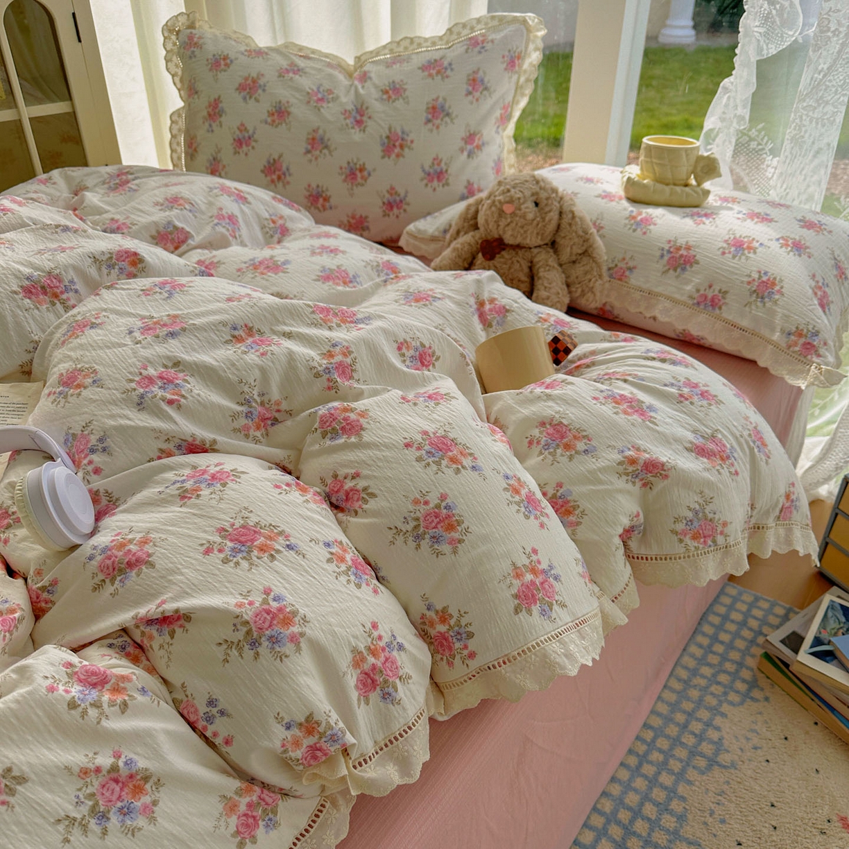 91家纺网 家纺一手货源 找家纺 颜选 2025新款全棉纯棉花边款四件套 全棉花边蔓禾