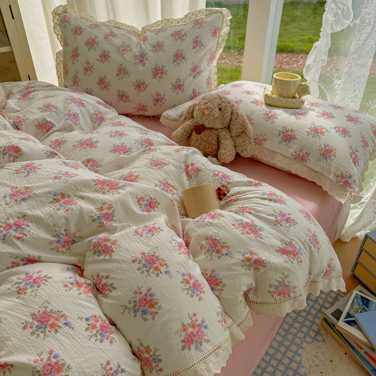 91家纺网 家纺一手货源 找家纺 颜选 2025新款全棉纯棉花边款四件套 全棉花边蔓禾