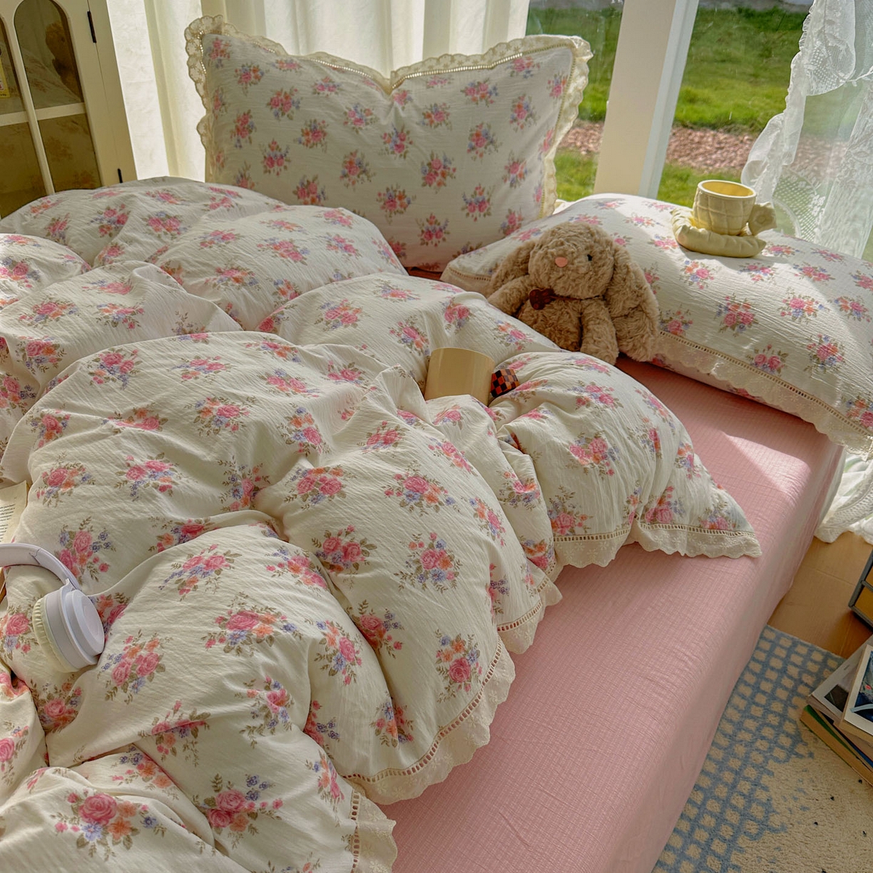 91家纺网 家纺一手货源 找家纺 颜选 2025新款全棉纯棉花边款四件套 全棉花边蔓禾