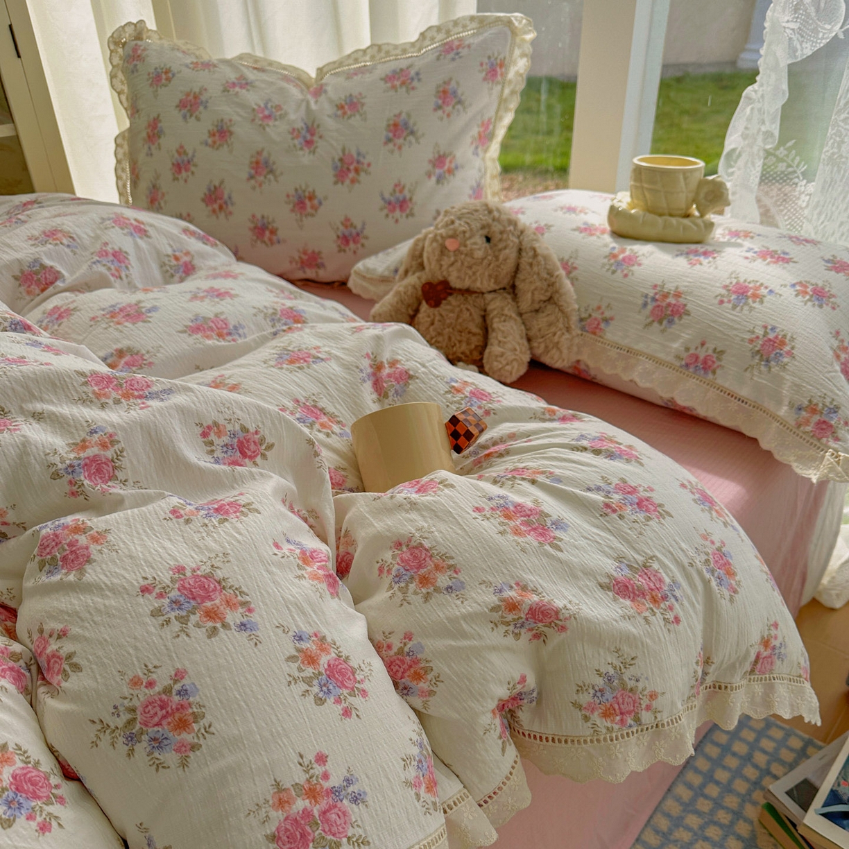 91家纺网 家纺一手货源 找家纺 颜选 2025新款全棉纯棉花边款四件套 全棉花边蔓禾