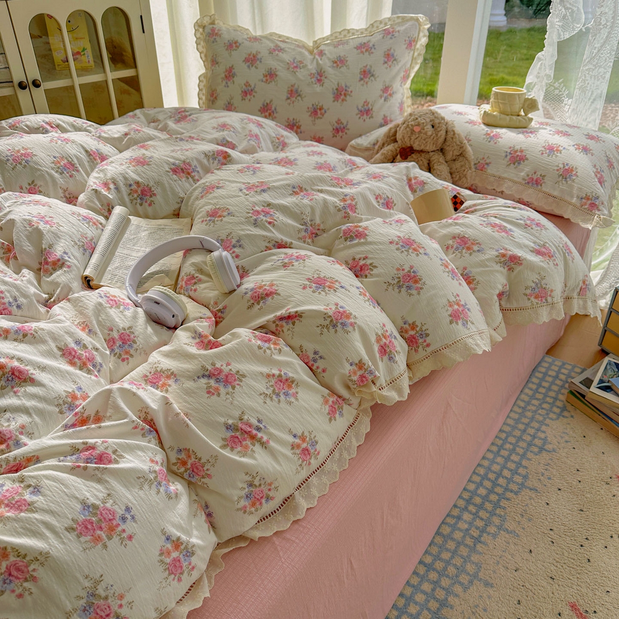 91家纺网 家纺一手货源 找家纺 颜选 2025新款全棉纯棉花边款四件套 全棉花边蔓禾