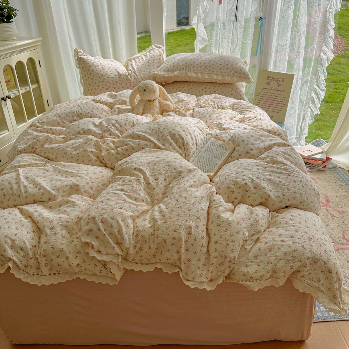 91家纺网 家纺一手货源 找家纺 颜选 2025新款全棉纯棉花边款四件套 全棉花边蔷薇花开