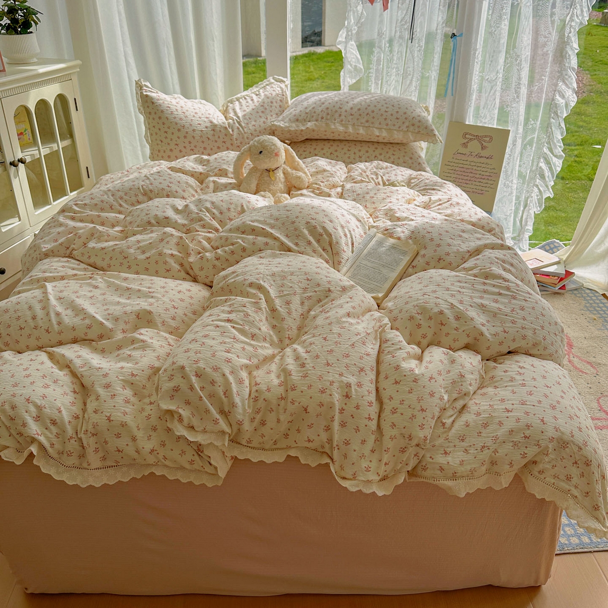 91家纺网 家纺一手货源 找家纺 颜选 2025新款全棉纯棉花边款四件套 全棉花边蔷薇花开